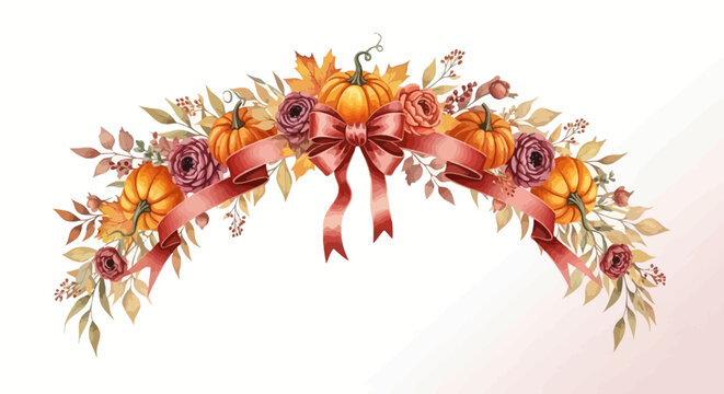 Autumnal garland featuring pumpkins flowers leaves and a ribbon bow