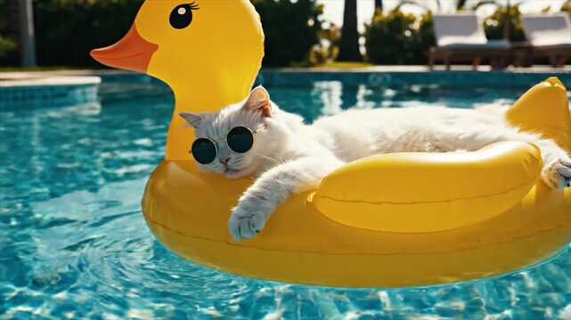 A white cat wearing sunglasses relaxes on a yellow rubber duck float in a swimming pool.