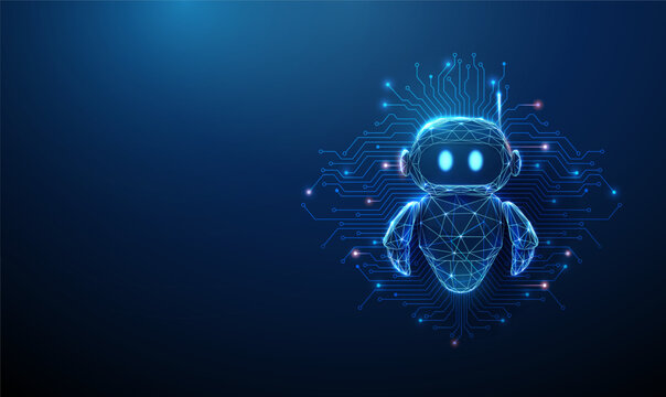 3d cute robot with microchip circuit lines. Intelligent system architecture, neural network structure, machine learning processes, smart technology integration concept.