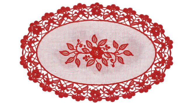 Intricate floral embroidery design on a circular linen fabric isolated on transparent background, isolated on white background