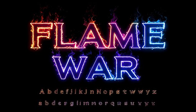 Fiery text effect 'FLAME WAR' in vibrant colors on a dark background, showcased with an alphabet