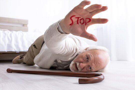 Elderly Man Fallen on the Floor Asking for Help