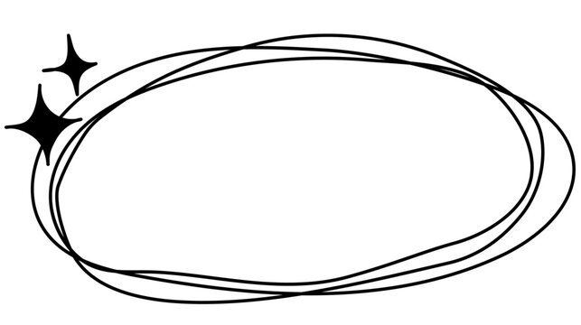 シンプルな手書きの円形フレーム　ベクター　イラスト　キラキラ　線　線画　白背景　手描き　透過背景　黒　きらめく　星
