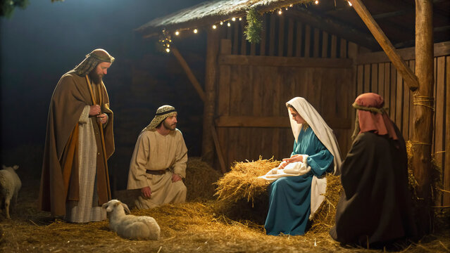Scene of a nativity setting with people gathered around Mary and Joseph in a barn at night