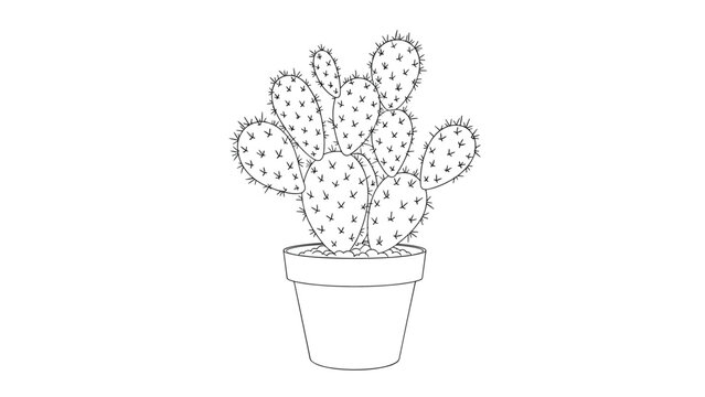 Hand-drawn line art illustration of a prickly cactus plant in a pot, representing desert flora, resilience, and unique home decor.