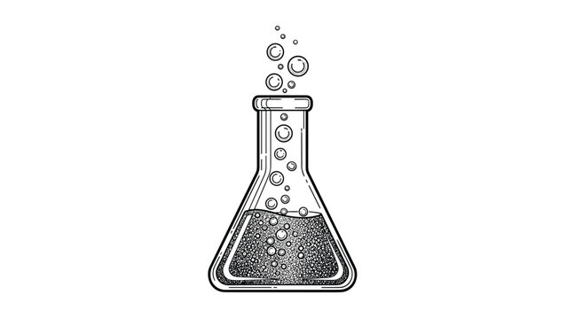 Hand-drawn black and white line art illustration of a conical flask with bubbling liquid, symbolizing science, chemistry, and experiments.