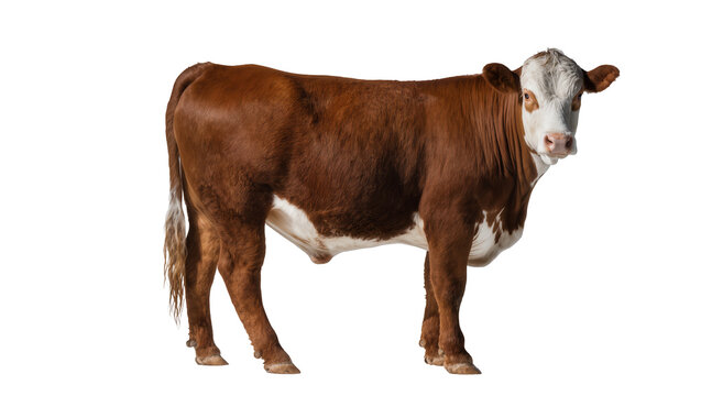 Brown and white Hereford cow standing, isolated on transparent background
