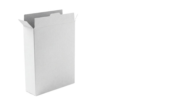 Minimalist white cardboard box mockup, open paper cereal packaging for branding, blank rectangular product carton with copy space isolated PNG with Transparent Background