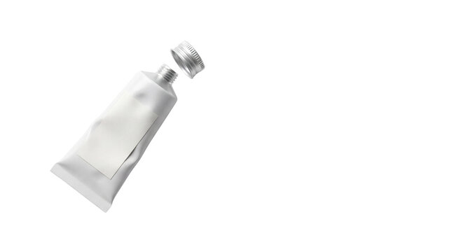 Minimalist white aluminum tube with open silver cap, blank cosmetic cream packaging for branding, realistic metal ointment tube mockup isolated PNG with Transparent Background