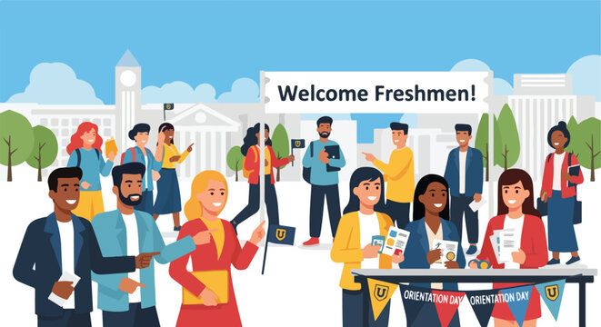 A diverse group of students at a college campus event for freshman orientation