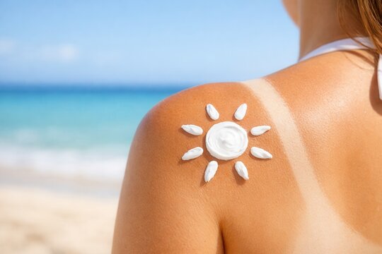 Sunscreen sun symbol on shoulder with tan lines beach skincare protection summer concept