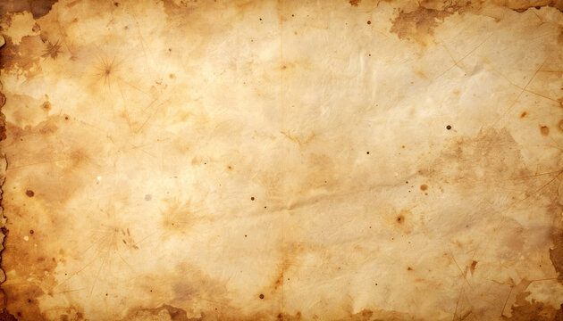 Old vintage paper texture with aged stains, worn edges and grunge pattern, antique parchment background with copy space for retro design