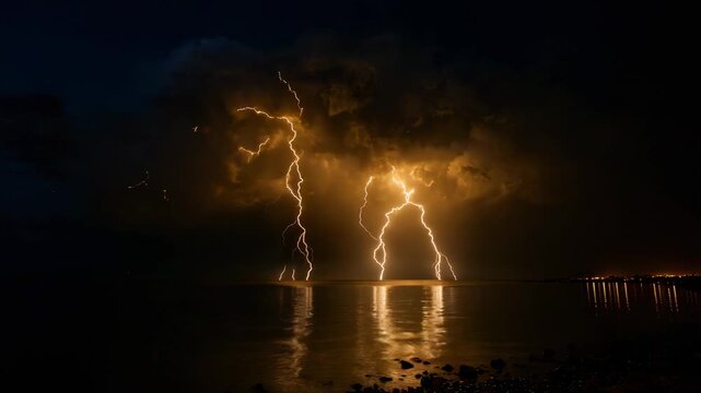 Lightning striking over sea at night with dramatic storm clouds powerful nature energy scene