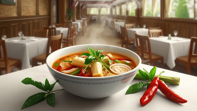 Isan-style soup with bamboo shoots and Ya Nang leaves, featuring hot chili, lemongrass, onion, acacia, and basil. A popular local dish in northeastern Thailand.