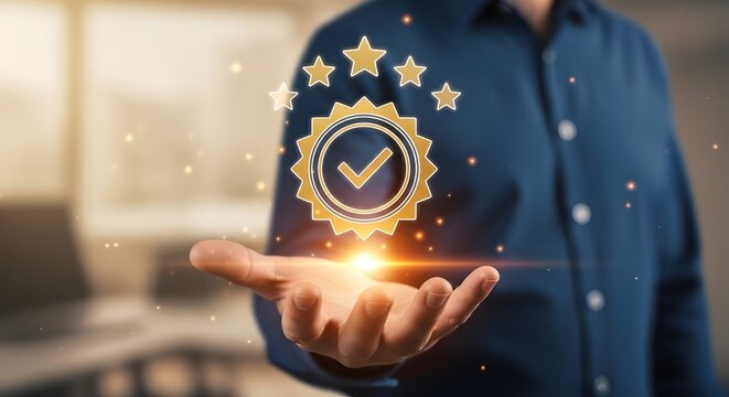 Tangan pria menampilkan hologram sertifikasi kualitas dengan lencana persetujuan dan lima bintang