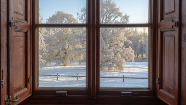 A church window in Trosa, Sweden, overlooking a snowy scene.