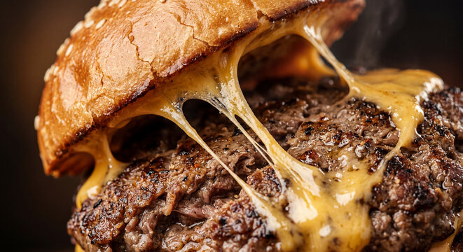 Extreme macro close up of molten melted cheese stretching over a flame grilled beef patty, high detail texture of seared meat and toasted bun for a compelling food and beverage advertisement