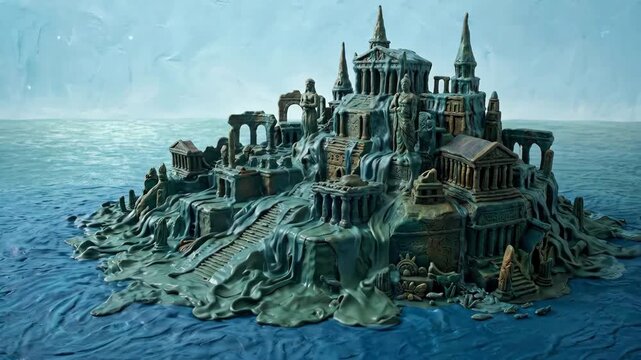 Imagining the lost city of atlantis with mythological ruins, columns, and statues submerged in deep ocean water, symbolizing mystery, history, and a forgotten civilization