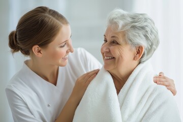 Fototapeta premium Nurse Wrapping a Towel Around a Smiling Senior Woman