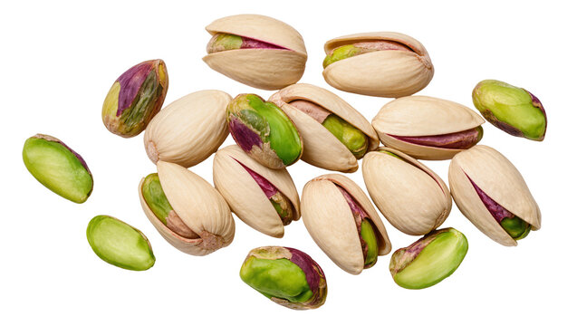 Pile of shelled and unshelled pistachios, isolated on transparent background