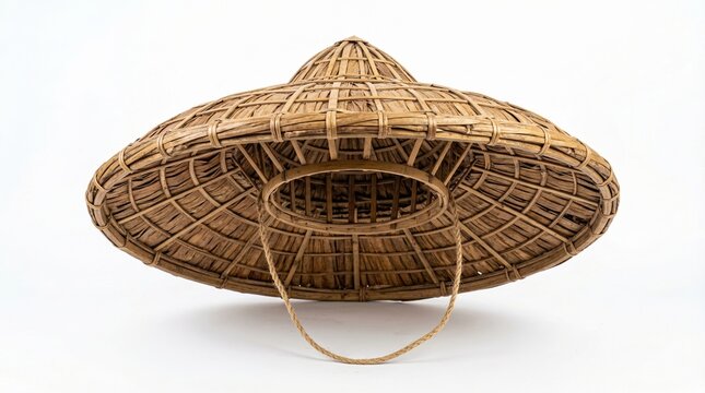 Traditional asian conical straw hat showing intricate woven texture.