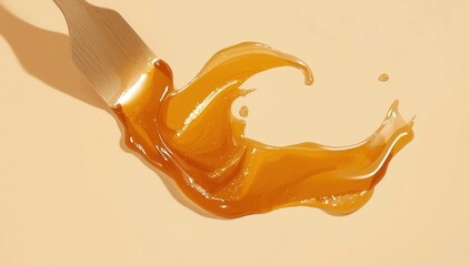 Fototapeta premium Beige backdrop with a spatula spreading liquid sugar wax.