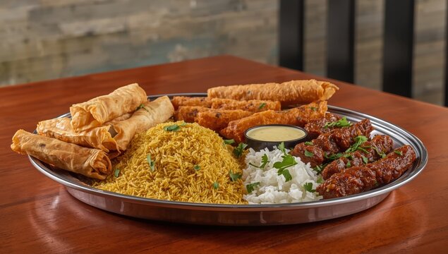 Bengali meal selection featuring Biryani, egg roll, fish finger, and chelo kabab.