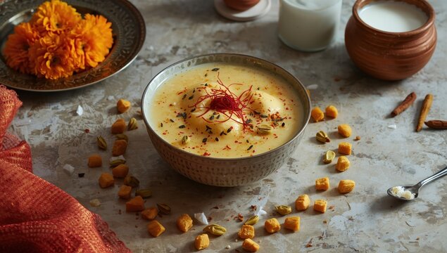 Bengali sweet dish of cottage cheese, rice, and jaggery milk pudding.