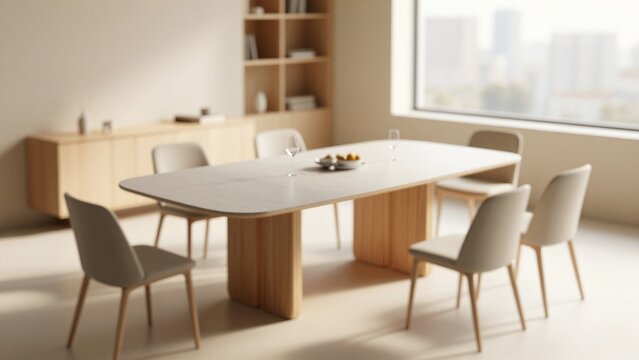 Elegant contemporary interior design featuring a large wooden dining table and chairs in a sunlit minimalist room