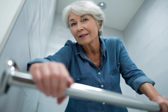 Senior woman holding safety grab bar in the bathroom