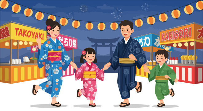 A happy Japanese family in yukata walking at a night festival with food stalls