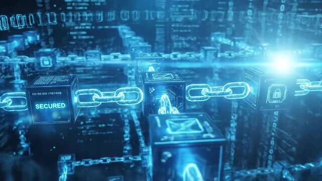 A deep blue blockchain network composed of interconnected cubes and chains, glowing links forming a secure digital structure, volumetric lighting enhancing depth and realism, cinematic tech style,