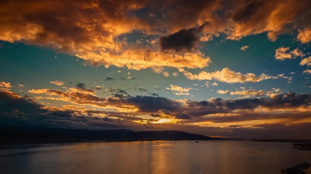 Movement of clouds and the sea at sunset in hyper lapse with a drone