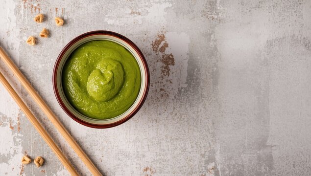 Closeup of a bowl with wasabi and chopsticks on a textured backdrop.