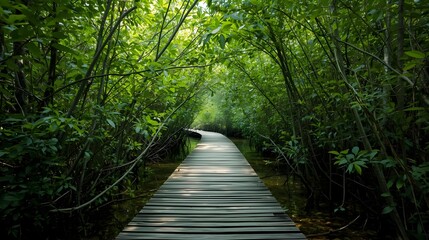 Obraz premium Nature's Embrace A Serene Wooden Boardwalk Meanders Through a Lush, Sun-Kissed Green Forest, Inviting Tranquil Exploration