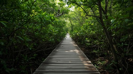 Fototapeta premium Wooden boardwalk path through a lush green forest with sunlight filtering through the dense canopy, creating a serene and inviting atmosphere for exploration