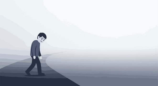 A sad, lonely person walks slowly along a path into a vast, foggy void alone