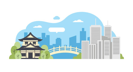 Fototapeta premium Traditional Japanese Temple Beside Modern Cityscape.