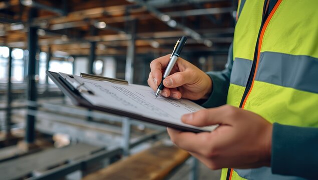 Inspector in a safety vest closely examines a clipboard checklist.