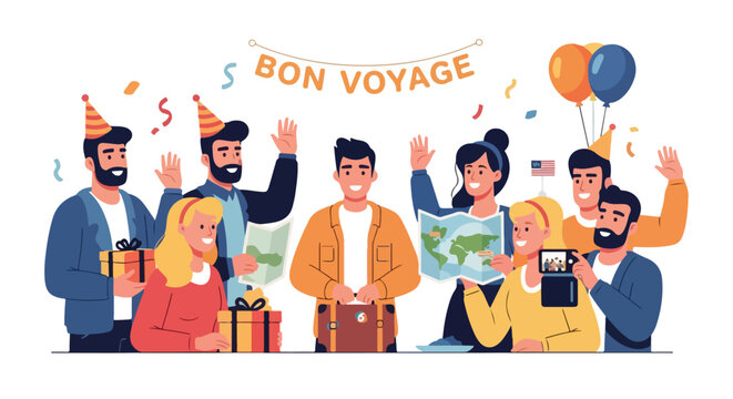 A group of friends celebrating a departure with a suitcase and map at a party