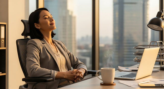 Professional woman takes a serene, mindful break, relaxing with closed eyes in her office chair, finding peace at her modern desk bathed in warm sunlight from the city