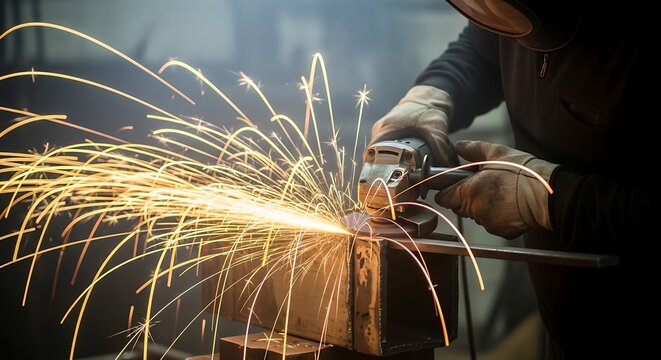 Metal fabrication sparks flying in slow motion, dynamic shot, Metalworker's Day