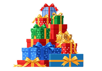 Fototapeta premium A tall stack of brightly colored wrapped gift boxes with bows