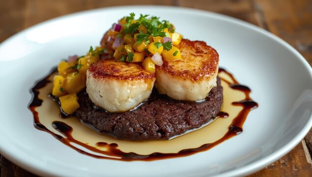 Scallops on black bean cakes with mango salsa.