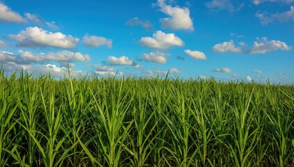 Fototapeta premium Sugarcane field against a blue sky.