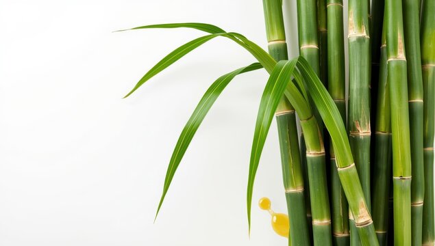 Sugarcane stalks and leaves on a white background.