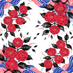 Naklejka premium Vibrant red camellia blossoms and swirling blue wave patterns on black