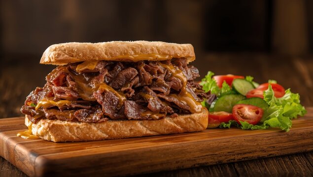 Tasty corned beef sandwich with mustard and fresh salad.