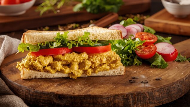 Tasty, fresh curry chicken and vegetable sandwich.