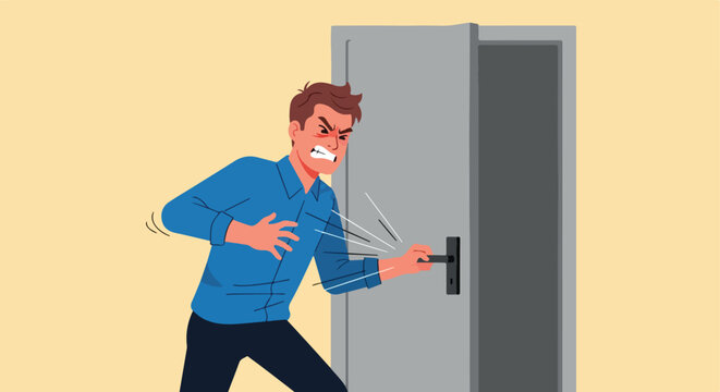 A furious man in a blue shirt aggressively slamming a grey door shut in anger